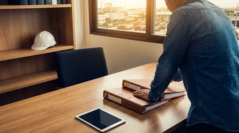 Owner reviewing payroll binders at a desk with a hard hat on the shelf, Wisconsin Minimum Wage in 2026