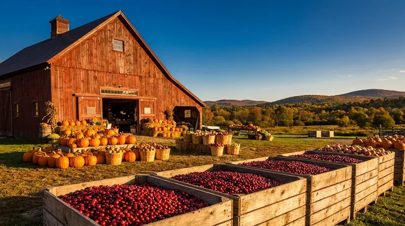 A red barn with pumpkins and crates of cranberries at a farm stand, Starting a Business in an Unincorporated Wisconsin Town