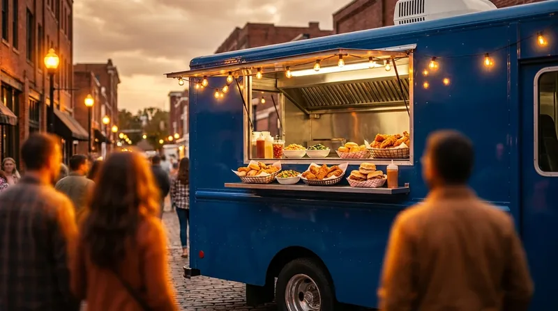 Customers lining up at a food truck window at dusk, How to Start a Food Truck in Wisconsin