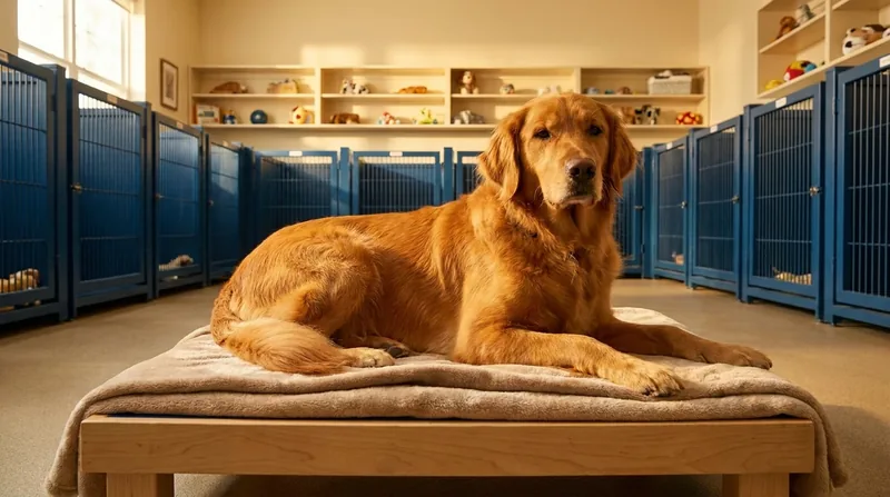 Golden retriever resting in a clean boarding room, How to Start a Dog Breeding or Pet Business in Wisconsin