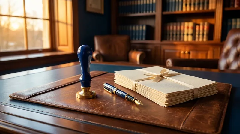 Embossing seal, fountain pen and stacked documents on a leather desk pad, DSPS in Wisconsin