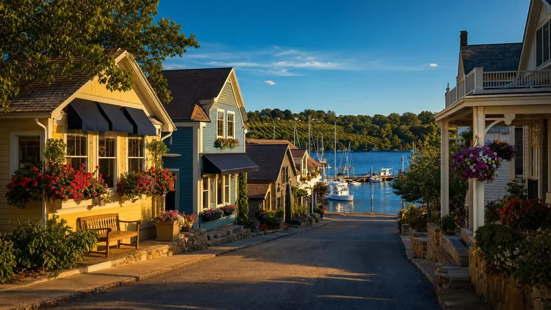 A Wisconsin lakeside resort-town street with seasonal shops and a marina, Door County Business Licenses