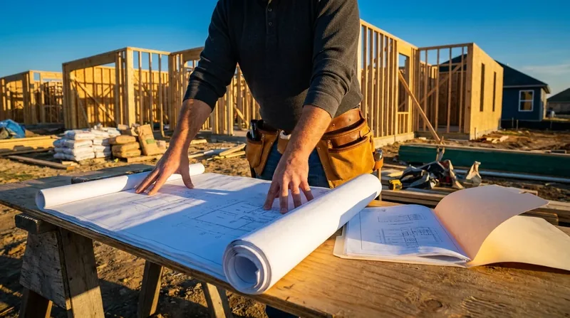 Contractor reviewing blueprints at a framed residential jobsite, Wisconsin Contractor License